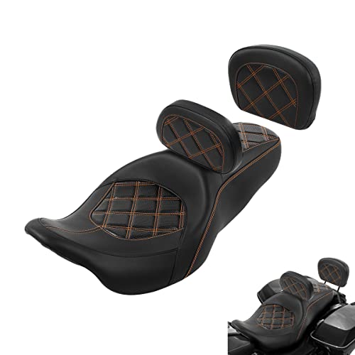 C.C. RIDER Classic Seat Backrest Pad - Driver Sissy Bar fit for Harley Davidson Touring Road King Street Glide Electra Glide Road Glide 2009-2023 - color: Seat + Driver Pad + Passenger Pad Black Orange