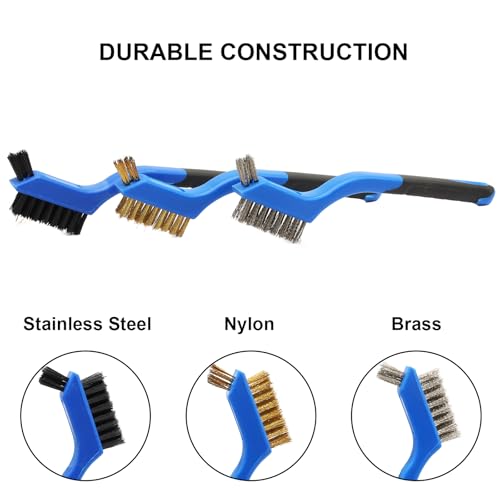 3PCS Durable Wire Brush Set,Brass Stainless Steel Nylon,Curved Handle Brush for Cleaning Rust Removal in Holes DIY Enthusiasts(Blue) - style: Blue-Nylon,Brass,Stainless Steel