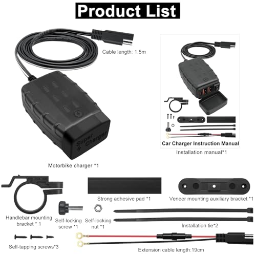 Waterproof Motorcycle USB Charger with 3 Ports, 36W Universal Fit SAE to USB Fast Charging Adapter with ON Off Switch