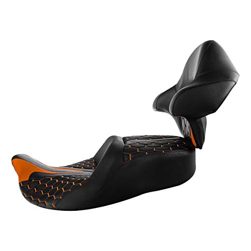 C.C.Rider Driver Passenger Seat with King Tour Trunk Backrest Pad Fit for Harley Touring Road FLHR Street Glide FLHX FLTRX FLHT 2014-2023 - color: Black+Orange Set