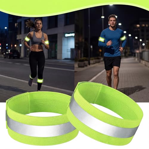 10pcs Reflective Running Armbands, High Visibility Reflective Armbands Adjustable & Bike Ankle Bands for Cycling Walking Jogging Motorcycling & Night Sports Fluorescent Green