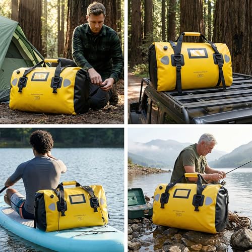 HOMIEE 40L Waterproof Duffel Bag, Waterproof Motorcycle Dry Travel Bag Tail Bag with Roll Top Closure & Shoulder Straps Outer Mesh Zipper Pocket for Camping, Kayaking, Fishing & Traveling - color: Yellow