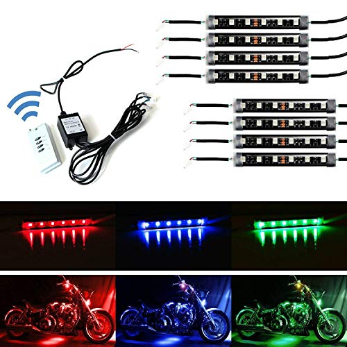 iJDMTOY 8pc Motorcycle Underglow LED Strip Light Kit RGB Neon Accent Light Ground Effect Atmosphere Lighting Kit for Motorbike Trikes Golf Carts ATVs UTVs Decoration