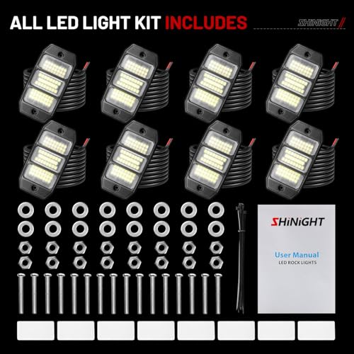 SHINIGHT 8PCS White Rock Lights - Super Bright Pure White 6000K LED Chips, 3M/9.84FT Extension Wires, IP68 Waterproof Underglow Lights for Trucks, ATV, UTV, Cars, Boats - size: 8 Pods