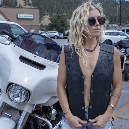 Milwaukee Leather ML1296 Women's Black Leather Side Laced Motorcycle Vest w/Reflective Tribal - color: Black, size: X-Small
