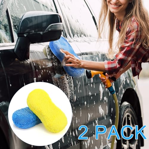 Tanlade 2 Pcs Large Car Wash Sponge for Cleaning, The Microfiber Sponges for Car Washing Supplies, Trucks and Motorcycles (Blue,Yellow) - color: Blue,yellow