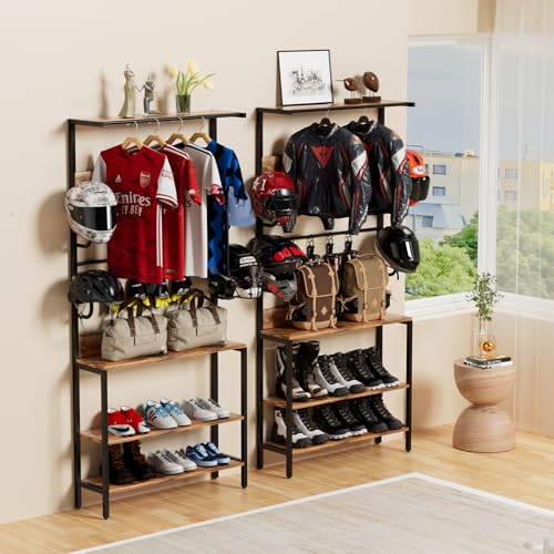 Motorcycle Helmet Holder Floor Mounted Stand, Wall Mount with Helmet Rack, 4 Glove Chips and 4 Hooks, Rustic Helmets Holder and Motorcycle Helmets Rack for Most of Helmet