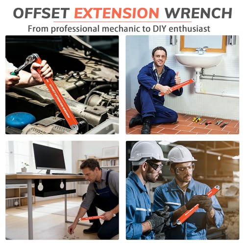 Offset Extension Wrench with 1/4", 3/8", 1/2" Drive Adapters & 1/4" Socket, Low Profile Tool for Tight Spaces, Use with Ratchet & Socket, 0° Swing Arc Extension Tool for Tight Spaces & Auto Repair - color: Orange
