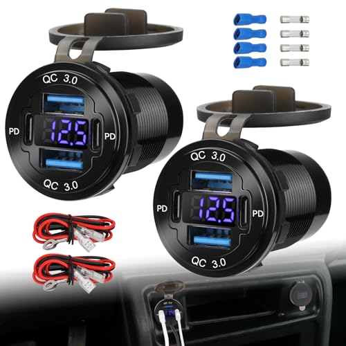 2 Pack 12V USB Outlet 4-Port, 78W Dual PD30W & QC3.0 Fast Charger, Waterproof Aluminum Alloy 12v Power Outlet with Blue Voltmeter for Cars RVs Boats Golf Carts Trucks Motorcycles - size: 2 pack