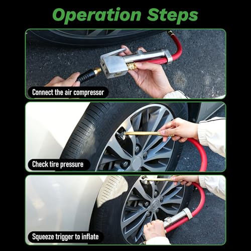 Heavy Duty Tire Inflator with Pressure Gauge 10-160 PSI, 1/4" NPT Dual Head Chuck, 15" Kink-Resistant Rubber Air Hose Compatible with Car, Truck, Motorcycle, ATV, SUV