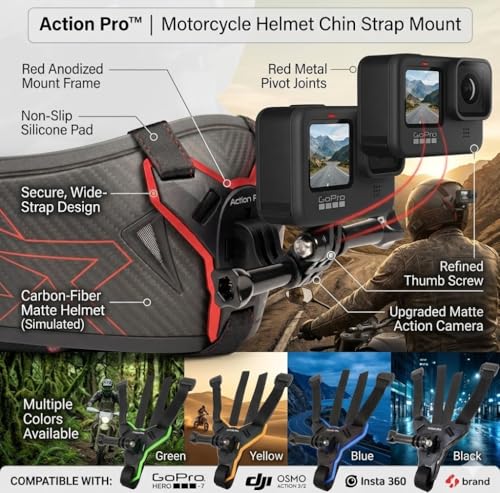 Action Pro™ Motorcycle Helmet Chin Strap Mount Compatible with GoPro Hero 12, 11, 10, 9, 8, 7, (2018), 6, Hero Black, DJI Osmo Action 3/2, Insta 360, Session, Xiaomi Yi, SJCAM (Red) - color: Red