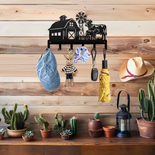 MAYJOYDIY Farmhouse Metal Key Hook Cows Livestock Coat Rack Wall Mounted 15.7×9.8inch Art Wall Decor Key Holder Organizer Rack with 6 Hooks for Gift Coats Hats Towels Bags Hanging - style: Farmhouse