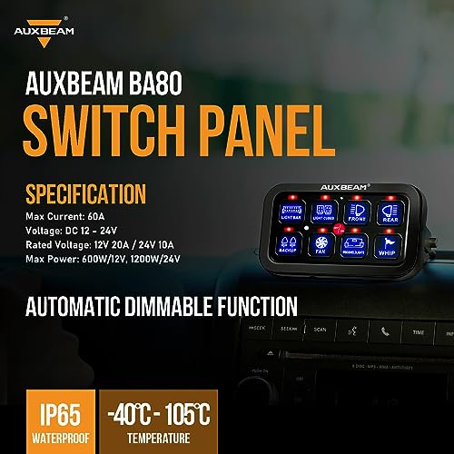 Auxbeam 8 Gang Switch Panel BA80 Automatic Dimmable LED Touch Control Panel Box Electronic Relay System Car Touch Switch Box Universal for Truck ATV UTV Boat Marine SUV Caravan -Blue, 3 Years Warranty - size: 8 Gang (Single-Sided Output), style: Blue (Wit