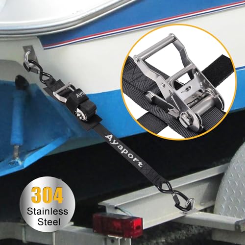 Ayaport Boat Tie Down Straps to Trailer (Stainless Steel Ratchet) 5 Feet, 4400lbs Break Strength Heavy Duty Ratchet Boats Straps, Boat Transom Trailer Accessories for Boating Safety - size: 1.5" x 5' -Stainless