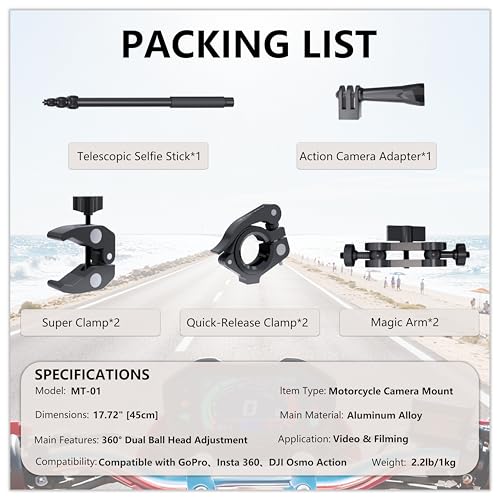 Motorcycle Camera Mount for Insta 360,Adjustable GoPro Bike Extension Pole Mount Compatible with Insta360, GoPro, and DJI Cameras - Designed for Bike and Motorcycle Riding Shots