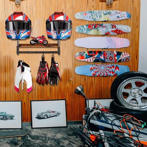 Hat Rack Wall Mount - Hat Holder Wall Hanger - Organizer with 4 Clips, Safety Hanger Display Stand, Wooden Storage Rack for Jacket, Gloves, Motorcycle Accessories