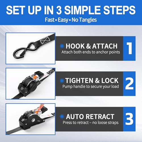 Retractable Ratchet Straps with Soft Loop (4-Pack) - 1 Inch x 10 Feet (1650lb Break Strength) -Heavy Duty Auto Self Retracting Tie Down Straps for Truck, Cargo Trailer, Motorcycle, ATV, UTV - Black