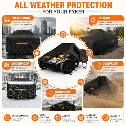 3 Wheel Motorcycle Cover for Can-Am Spyder RT Limited 2016-2026, 420D Reverse Trike Cover Water Resistant All Weather Outdoor with Lock Holes & Windproof Straps
