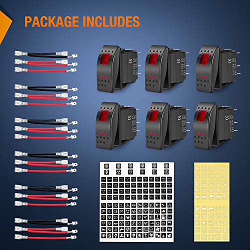 Nilight 6 Pack Rocker Switches with Night Glow Stickers 5 PIN SPST Red Backlit 12V/24V Toggle for Cars Trucks RVs Boats Auto Motorcycles - color: Red 6 PCS