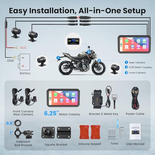 Wonvon 6.25" Motorcycle CarPlay Display Wireless Apple CarPlay | Android Auto GPS Navigation, 2K Dual Dash Cam, IP69 Waterproof, Anti-Glare Screen, Quick Release Mount - color: 6.25 Inch for 99% Motor