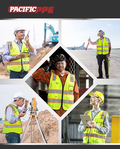 PACIFIC PPE 10 Pockets Class 2 Safety Vest for Men, 3M High Visibility Reflective Strips, Meets ANSI/ISEA Standard, Yellow, Medium - size: Medium