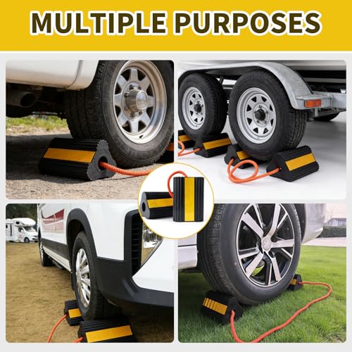 Wheel Chocks for RV Trailer 2 Pair /4pack with Rope & Reflective Strips Rubber Wheel Chocks Heavy Duty Tire Stopper for Camper, Truck, Car, Travel Trailer