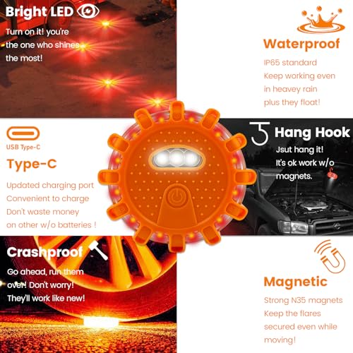 Ecoangel USB-C Rechargeable LED Road Flares Emergency Lights-Large Capacity (Lithium Battery) 3 in 1 Cable Roadside Warning Car Safety Beacon Flashing Disc Kit with Magnetic Base for Vehicles - color: USB-C 6PACK