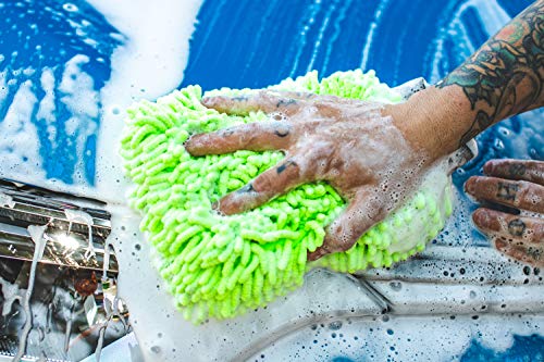 The Rag Company - Premium Chenille Microfiber Knobby Wash Mitts - Perfect for Car Washing and Detailing; Scratch-Free, Lint-Free, Double-Sided, Plush, and Absorbent; Lime Green + Blue (2-Pack) - color: Lime Green + Blue