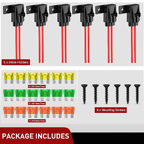 Nilight 6pcs Inline Fuse Holder 12AWG Waterproof ATC/ATO Blade Holder 20A 30A 40A Regular Heavy Duty in Line w/Cover Fits 1A to 30A Fuses for 12V Automotive Vehicles - color: 18Pcs Fuses + 12AWG Holder 6