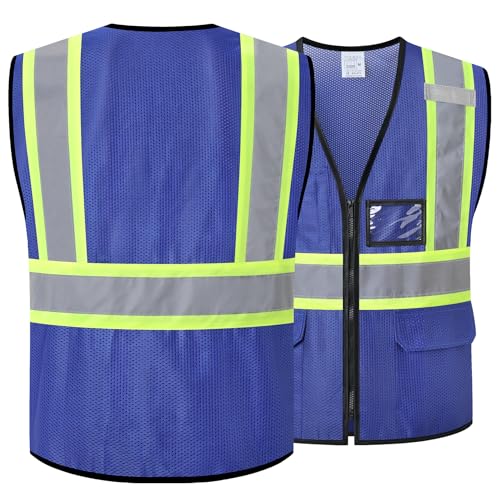 Reflective Safety Vest for Men Women Hi Vis Vest with Pockets High Visibility Vest Mesh Construction Vests Meets ANSI/ISEA Standards (Blue-33, Large) - color: Blue-33, size: Large