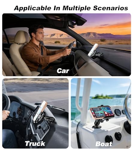LOKTENWO Anti Vibration Phone Mount, 1s Lock & Release Phone Holder with Shock Dampener, Camera Friendly Aluminum AMPS Round Base Medium Arm for Car Motorcycle UTV Truck Boat, Fits 5.4"-7.2" Phones