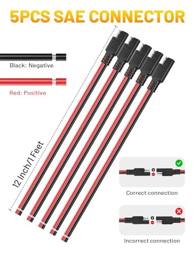 Oyviny 14AWG SAE Connector 1 Feet SAE Extension Cable, 5PCS Heavy Duty 14 Gauge 2 Pin Quick Connect Plug for Battery Tender Solar Panel Motorcycle Car RV - size: 5PCS