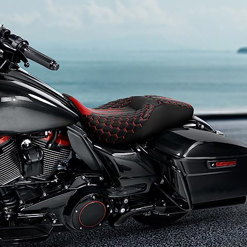 C.C. RIDER Gel 2 Up Rider Driver&Passenger Seat Fit for Harley Touring Road King Street Glide Electra Glide Tri 2009-2023 - color: Black Red Gel Seat