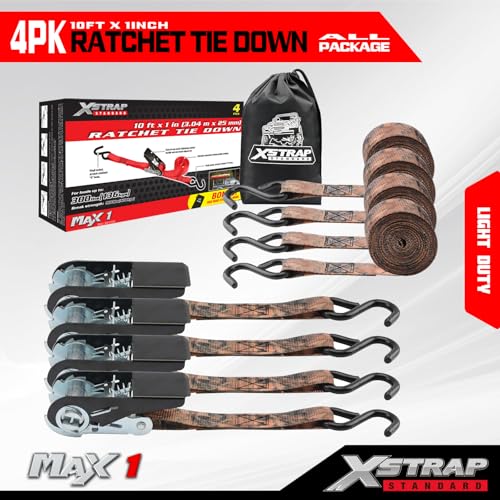 XSTRAP STANDARD Ratchet Tie Down Straps 4 Pk 10 Ft- 300 Lbs Load Cap- 900 Lbs Break Strength-Cargo Straps for Hunting, UTV, ATV, Pickup, Truck, Moving Appliances, Lawn Equipment, Camouflage - color: Camouflage, size: 4pk 1inchx10ft