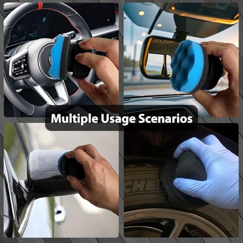 4 Pcs Tire Shine Applicator Pads, Tire Dressing Applicator, Reusable Tire Shine Sponge Wave Contoured for Car Detailing, 3.15inch (2 Blue & 2 Black) - size: 3.15inch-2 Black & 2 Blue