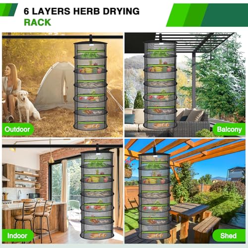 Yesker 6 Layer Herb Drying Rack Hanging Mesh Net Foldable Plant Drying Racks 24" w Green Zipper Pruning Shears Hook Dryer Hanging Rack for Herbs Seed Bud Fruit Clothes Grow Tent Closets Garden Outdoor - size: 6 Layers Fluorescent Green & Black
