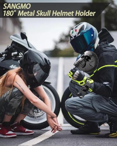 2 Pack Metal Skull Helmet Rack Wall Mount, Motorcycle Helmet Holder 180° Rotation Wall Mount Mount with 2 Hooks for Motorcycle Bike Baseball Rugby Black - color: Black*2