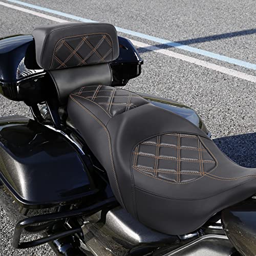 C.C. RIDER Classic Seat Backrest Pad - Driver Seat Rider Sissy Bar Passenger Backrest Pad Kit fit for Harley Davidson Touring Road King Street Glide Electra Glide Road Glide 2014-2023 - color: Seat + Passenger Sissy Bar Black Orange