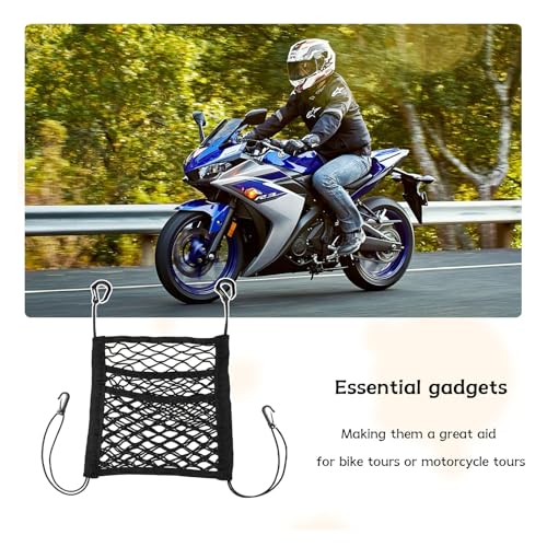 Motorcycle Cargo Net for Helmet Storage, 9.4''×10.6'' High Elastic Triple Layer Bungee Net with 4 Hooks, Car Seat Mesh Storage Pocket, Luggage Strap Rack Expansion Organizer (4 Elastic Edges)