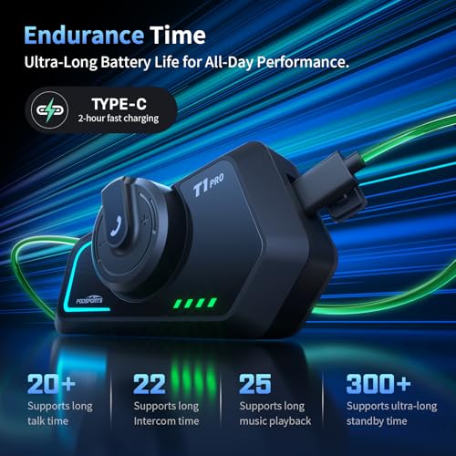 Fodsports T1 PRO Motorcycle Intercom V5.4 with Music Sharing, One-Click Switching for 4 Functional Modes, 6-Way Motorcycle Helmet Headset, FM/5 Stickers/Noise Cancellation/Stereo Music, 1 Pack - size: T1 PRO 1 Pack