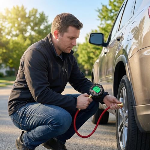 SUVCARMPING 250 PSI Digital Tire Pressure Gauge Accurate Air Pressure Gauge (±1% Accurate), for Tires with Easy-to-Read Numbers, Valve Cap and 4-Way Valve Tool, Red (MS-DG04C(CC)-01) - size: Red(Air Chuck)