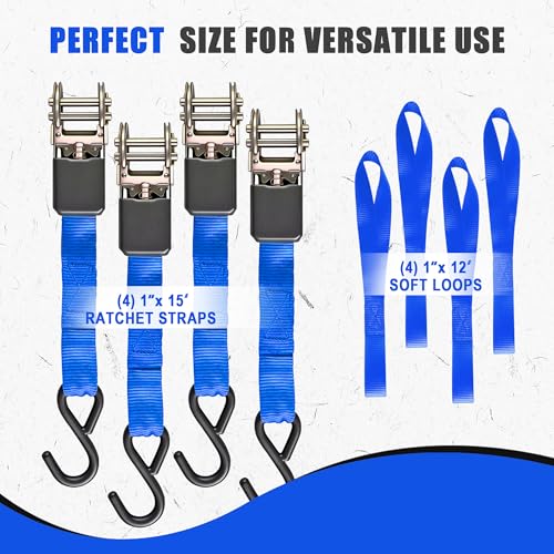 AWELCRAFT Ratchet Straps 4 Pack,1 Inch x 15 Feet Tie Down Ratcheting Strap,1500lb Breaking Strength with S-Hook,4X Soft Loops for Moving Appliances,Lawn Equipment,Truck,Motorcycle(Blue) - color: Blue