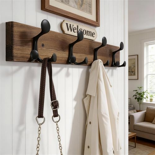 WEBI Coat Rack Wall Mount,24" Solid Wood Coat Hooks Wall Mounted Coat Hanger,16" Hole to Hole,Heavy Duty Hook Rack,4 Triple Hooks for Hanging Coats,Jacket,Hat,Backpack,Farmhouse,Brown,2 Packs - color: Brown, size: 24 Inch(2 Pcs)