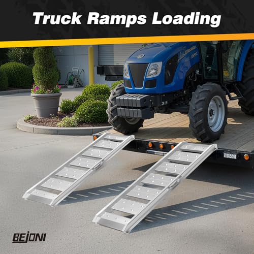 BEJONI Aluminum Trailer Ramps, 4FT Heavy Duty Truck Ramps, 4400 LBS Load Capacity, Hook End Universal Loading Ramp for ATV, UTV, Motorcycle, Lawn Tractor, Pickup Truck & Trailer, 2 Pcs - size: 48''L - 4400lbs Load Capacity