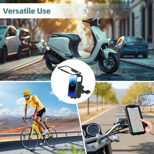 Waterproof Bike Motorcycle Phone Mount, 360° Rotating Handlebar Phone Holder, Touchscreen Phone Pouch, Full-Cover Shell, Tethered Port Cap, Tri-Side Clip Lock, 7.1 x 3.9 in, Fits 4.7-6.3 in Phones