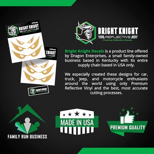 Bright Knight Decals Reflective Evil Eye Stickers, 6" x 3" Gold Evil Eye Motorcycle Decals & Graphics for Bike & Motorcycle Helmet Stickers, Made in USA, 3 Pairs - color: Gold