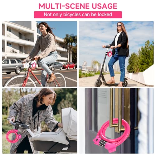 Bike Lock, 3.9 Feet 4-Digit Resettable Combination Password Anti-Theft Cable Lock, Cute Coiled Bike Lock with Mounting Bracket, Suitable for Bicycles, Electric Scooters, Ebikes (Pink-10mm) - color: Pink-10mm