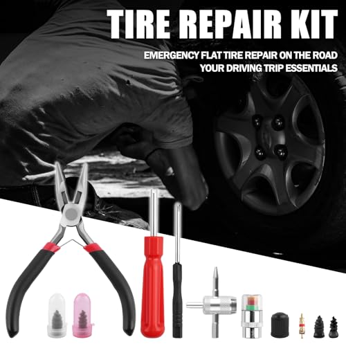 Flat Tire Plug Kit,Self-Service 2-Size Tire Repair Rubber Nail Kit Includes Tires Pressure Monitor/Repair Screws/Pliers/Screwdrivers,Flat Tires Repairs Kits for Vacuum Tubeless