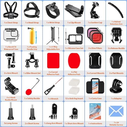 HONGDAK Action Camera Accessories Kit for GoPro Hero 13 12 11 10 9 Black, Waterproof Housing+Silicone Case+ Adjustable Arm+Head Chest Wrist Strap+Bike Mount+Suction Cup+Floating Grip Bundle Set 63in1 - color: 63 in 1