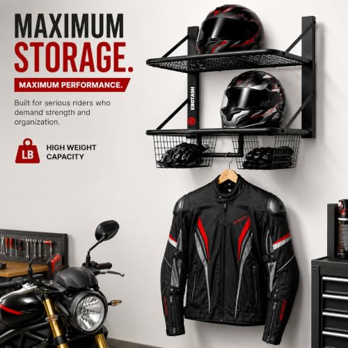 Motorcycle Helmet Wall Mount, 2-Tier Helmet Holder Wall Mount with Shelf & Baskets, Motorcycle Gear Rack Storage for Jackets, Gloves, Keys and Riding Accessories